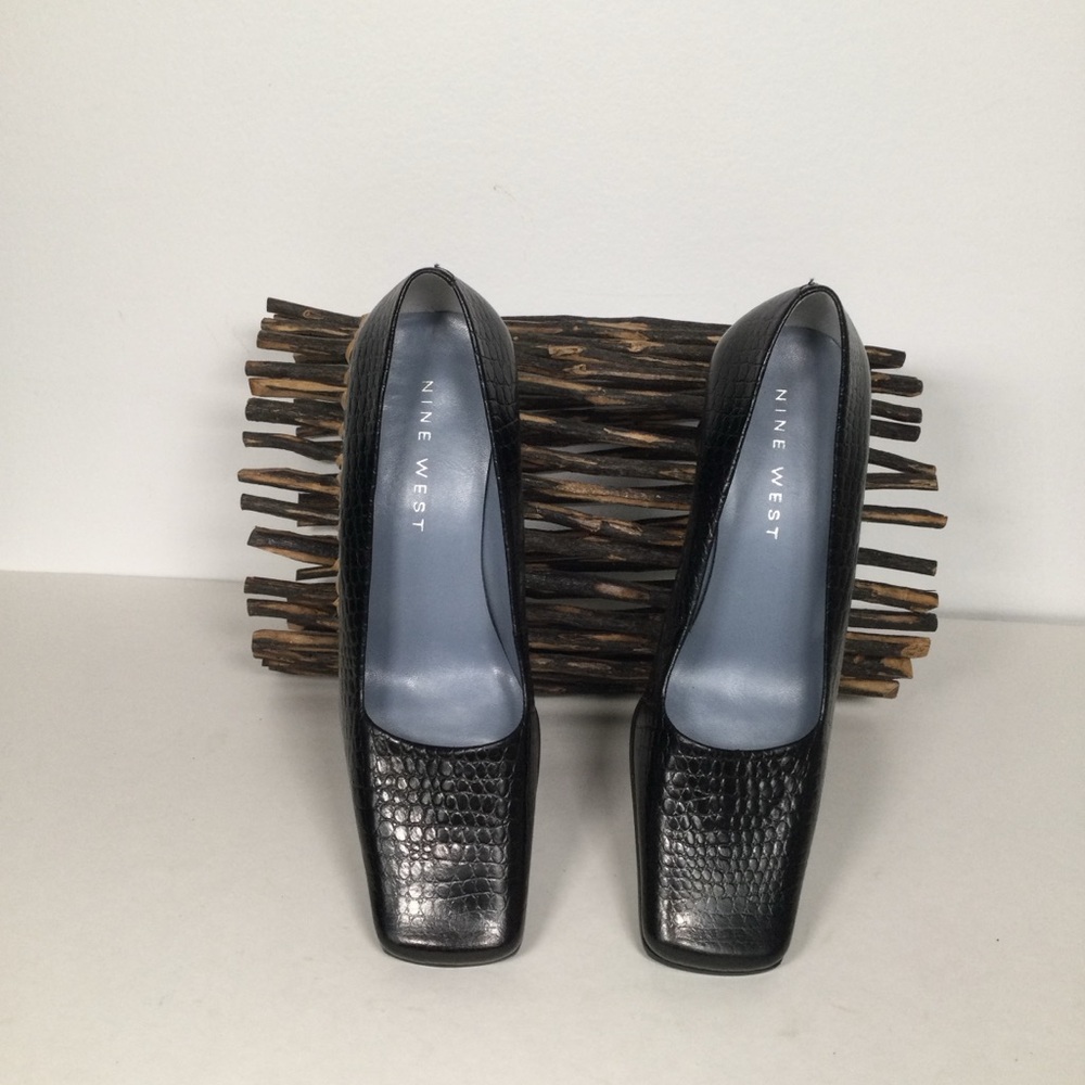 NINE WEST Black Snake Skin Look Square Toe 2.5” Block Heel Shoes